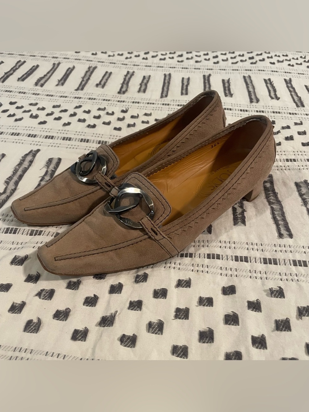 TOD'S Vintage Taupe Suede Chunky Block Heel Loafers Size 36.5